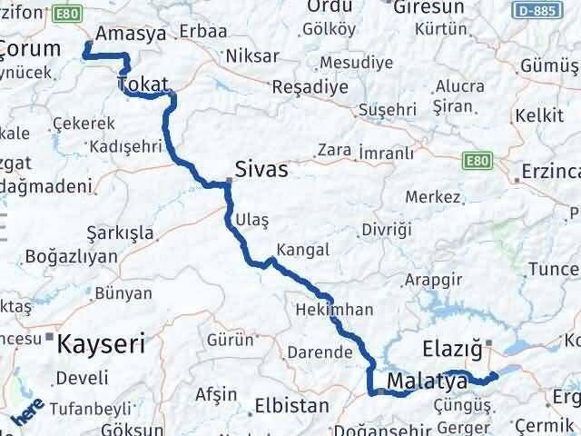 Elazığ Sivrice Amasya Arası Kaç Km - Yol Haritası