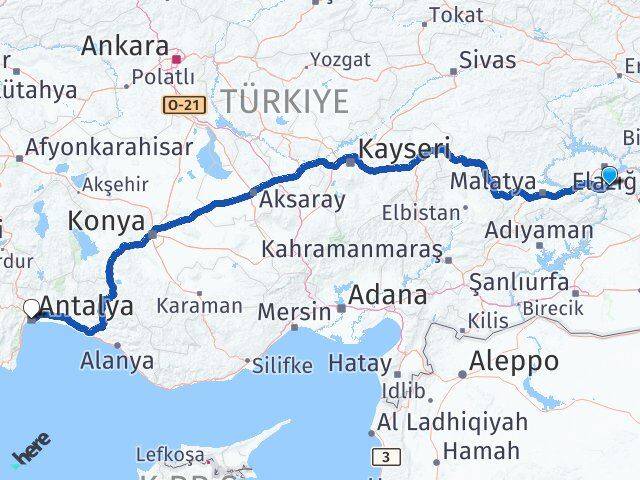 Elazığ Sivrice Antalya Arası Kaç Km - Yol Haritası