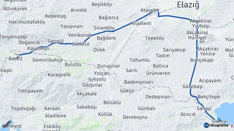 Elazığ Sivrice Baskil Arası Kaç Km - Yol Haritası