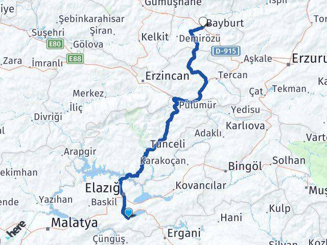 Elazığ Sivrice Bayburt Arası Kaç Km - Yol Haritası