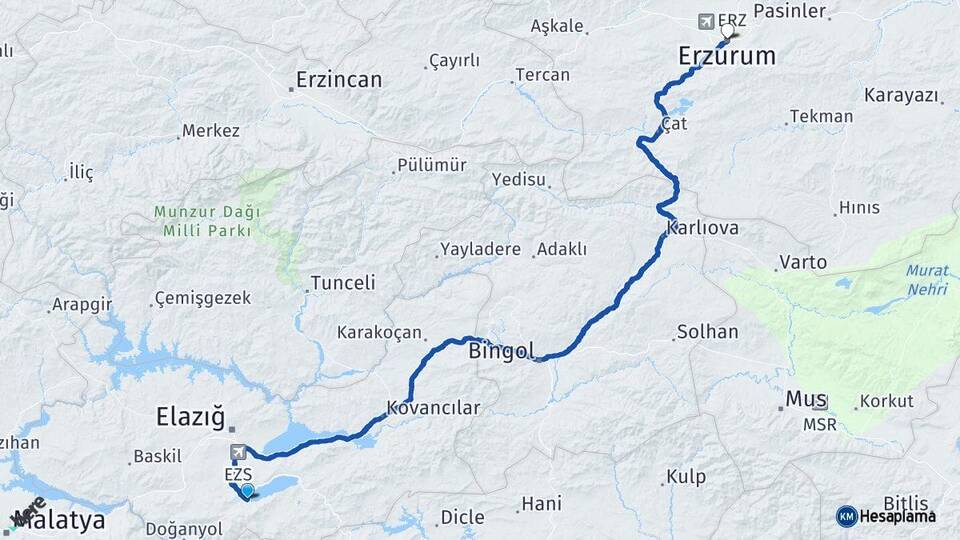 Elazığ Sivrice Erzurum Arası Kaç Km - Yol Haritası