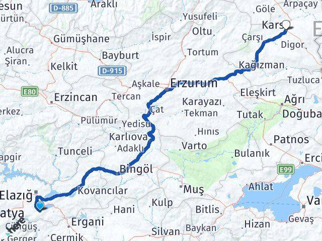 Elazığ Sivrice Kars Arası Kaç Km - Yol Haritası