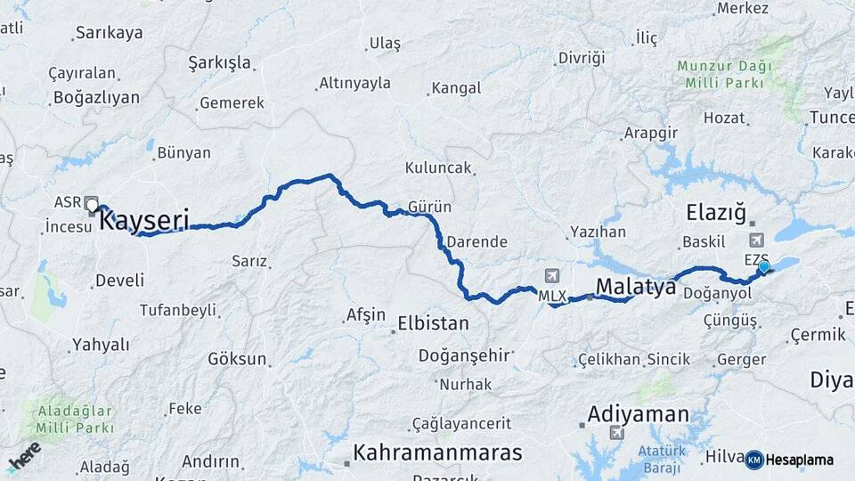Elazığ Sivrice Kayseri Arası Kaç Km - Yol Haritası