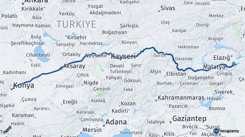 Elazığ Sivrice Konya Arası Kaç Km - Yol Haritası