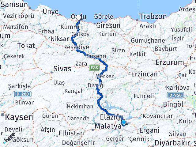 Elazığ Sivrice Ordu Arası Kaç Km - Yol Haritası