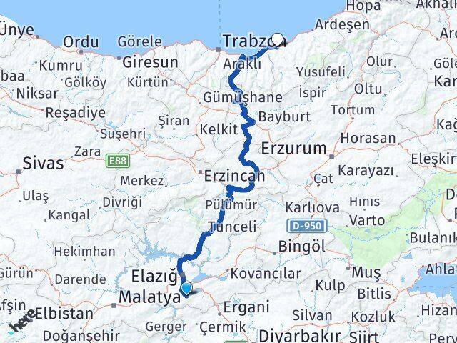 Elazığ Sivrice Rize Arası Kaç Km - Yol Haritası