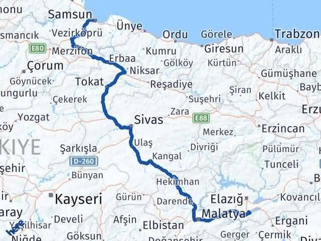 Elazığ Sivrice Samsun Arası Kaç Km - Yol Haritası