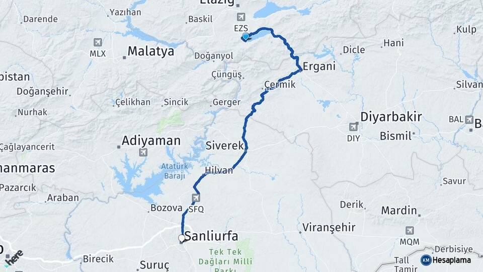 Elazığ Sivrice Şanlıurfa Arası Kaç Km - Yol Haritası