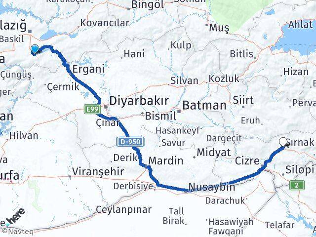 Elazığ Sivrice Şırnak Arası Kaç Km - Yol Haritası