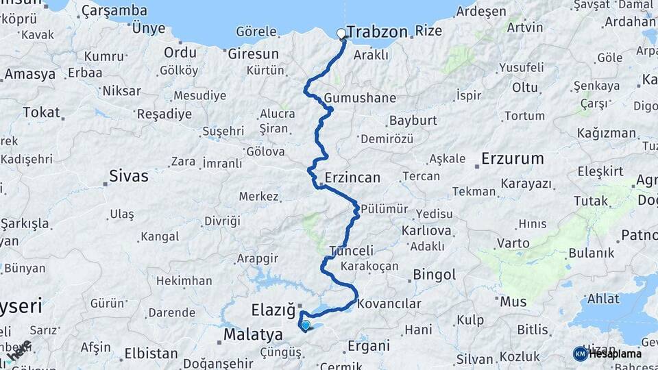Elazığ Sivrice Trabzon Arası Kaç Km - Yol Haritası