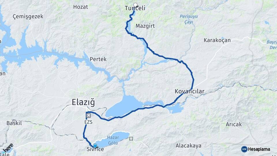 Elazığ Sivrice Tunceli Arası Kaç Km - Yol Haritası