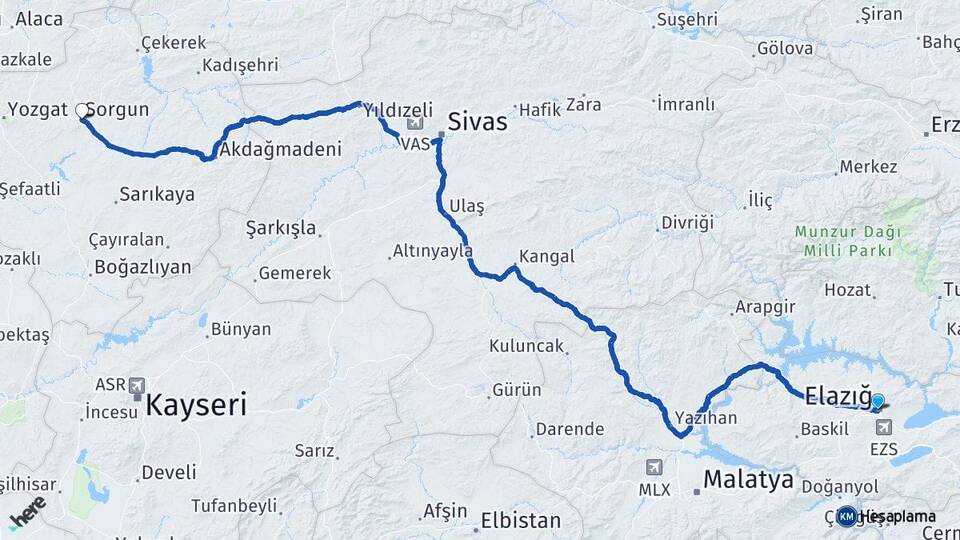 Elazığ Sorgun Yozgat Arası Kaç Km - Yol Haritası