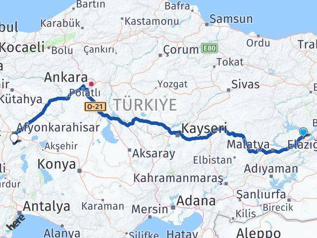 Elazığ Şuhut Afyonkarahisar Arası Kaç Km - Yol Haritası