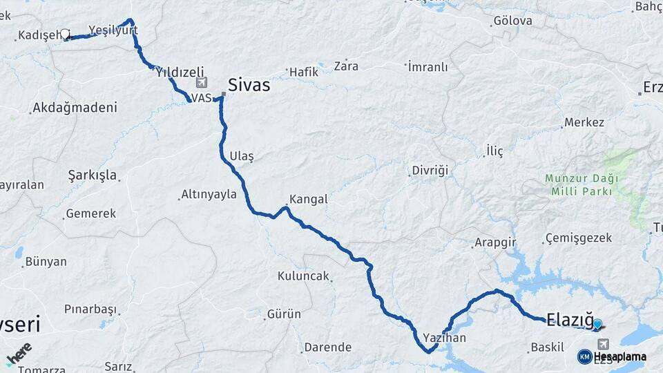 Elazığ Sulusaray Tokat Arası Kaç Km - Yol Haritası