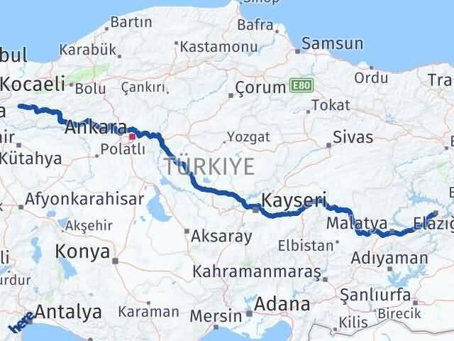 Elazığ Taraklı Sakarya Arası Kaç Km - Yol Haritası