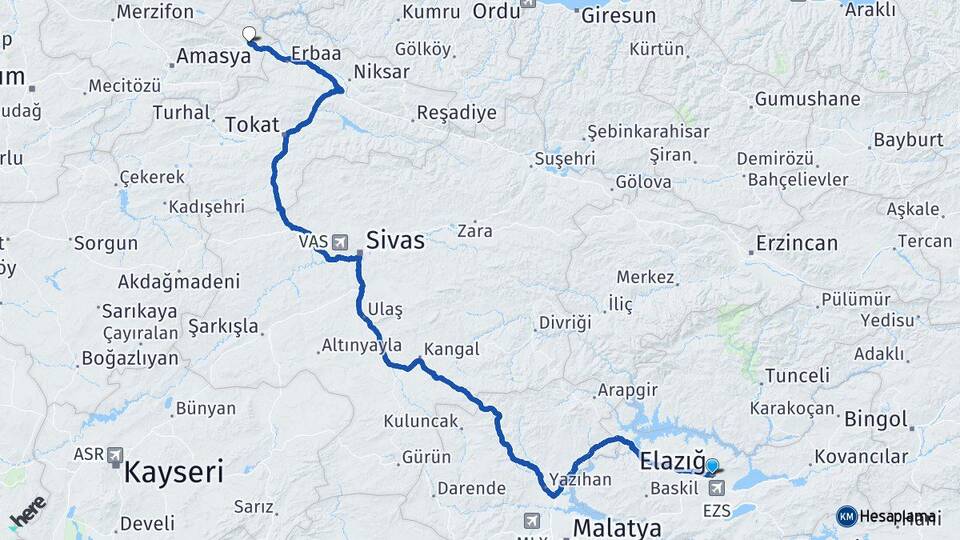Elazığ Taşova Amasya Arası Kaç Km - Yol Haritası