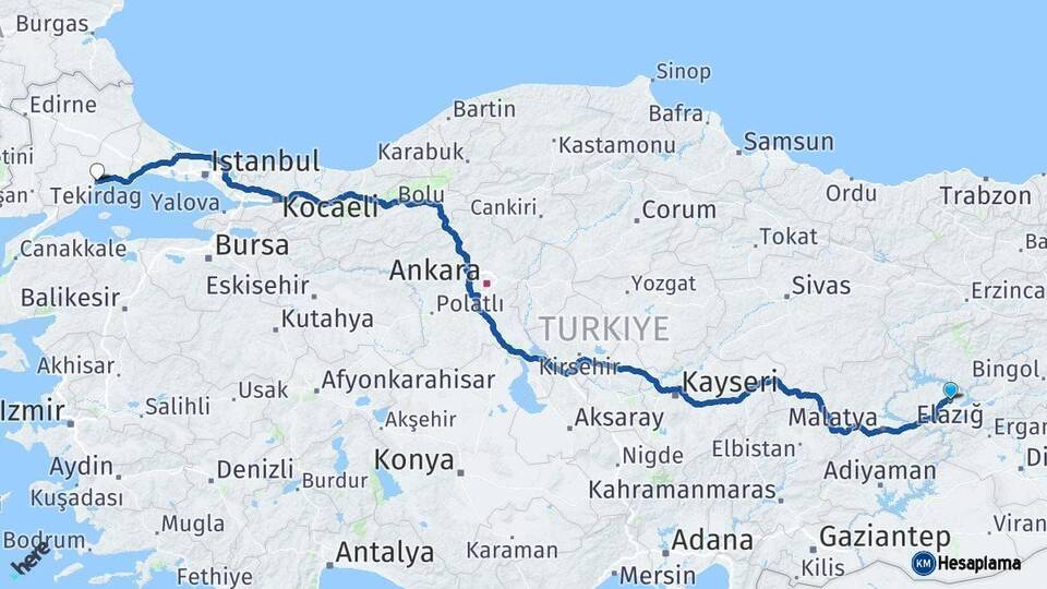 Elazığ Tekirdağ Arası Kaç Km - Yol Haritası