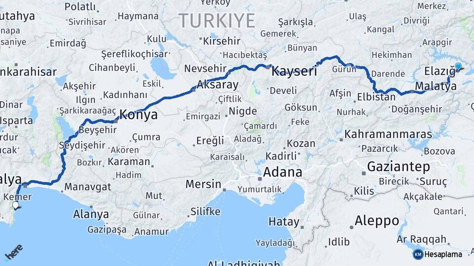Elazığ Tekirova Kemer Antalya Arası Kaç Km - Yol Haritası