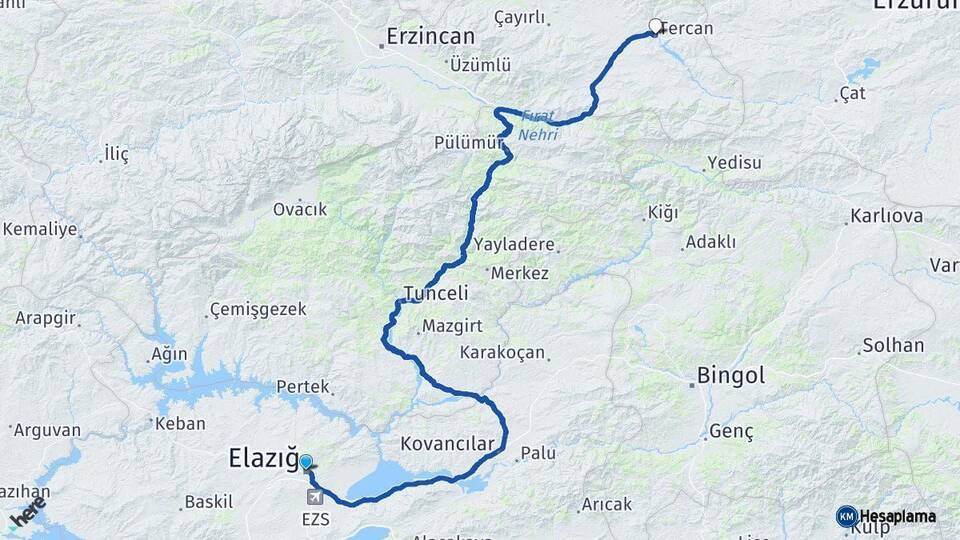 Elazığ Tercan Erzincan Arası Kaç Km - Yol Haritası