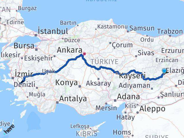 Elazığ Tire İzmir Arası Kaç Km - Yol Haritası
