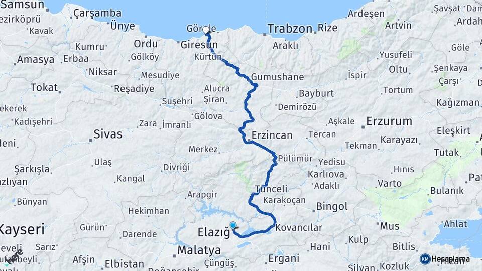 Elazığ Tirebolu Giresun Arası Kaç Km - Yol Haritası