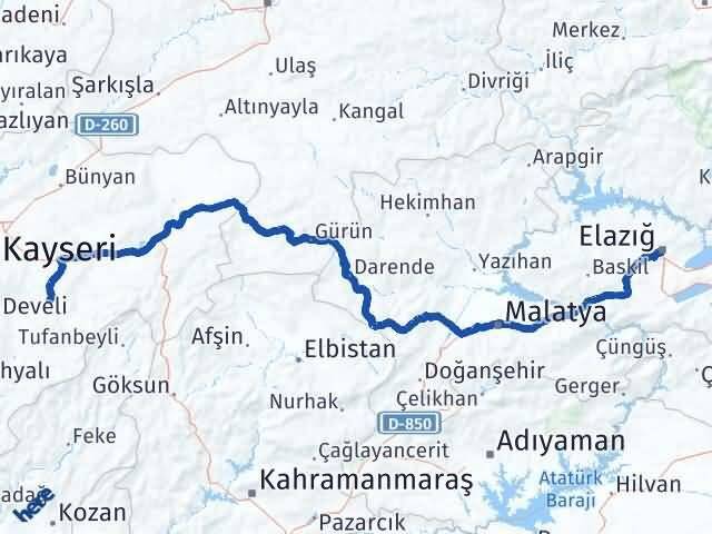 Elazığ Tomarza Kayseri Arası Kaç Km - Yol Haritası