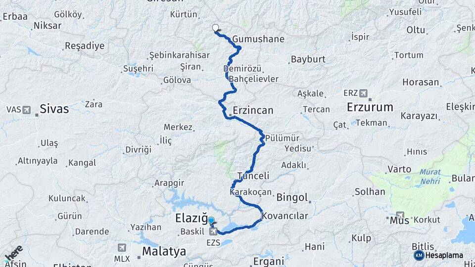 Elazığ Torul Gümüşhane Arası Kaç Km - Yol Haritası