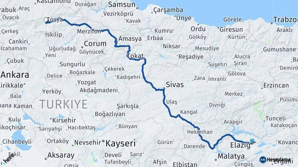 Elazığ Tosya Kastamonu Arası Kaç Km - Yol Haritası