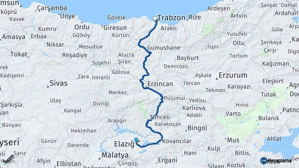 Elazığ Trabzon Arası Kaç Km - Yol Haritası