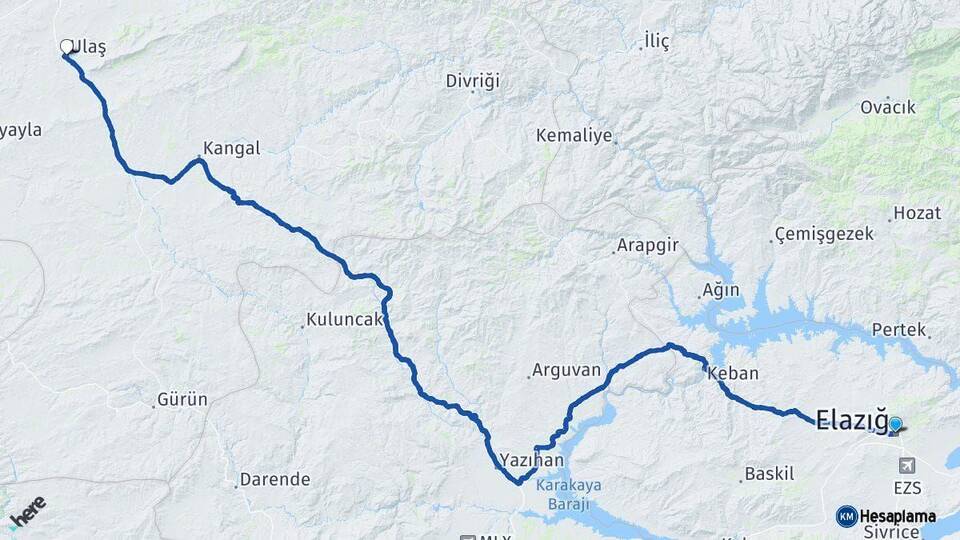 Elazığ Ulaş Sivas Arası Kaç Km - Yol Haritası