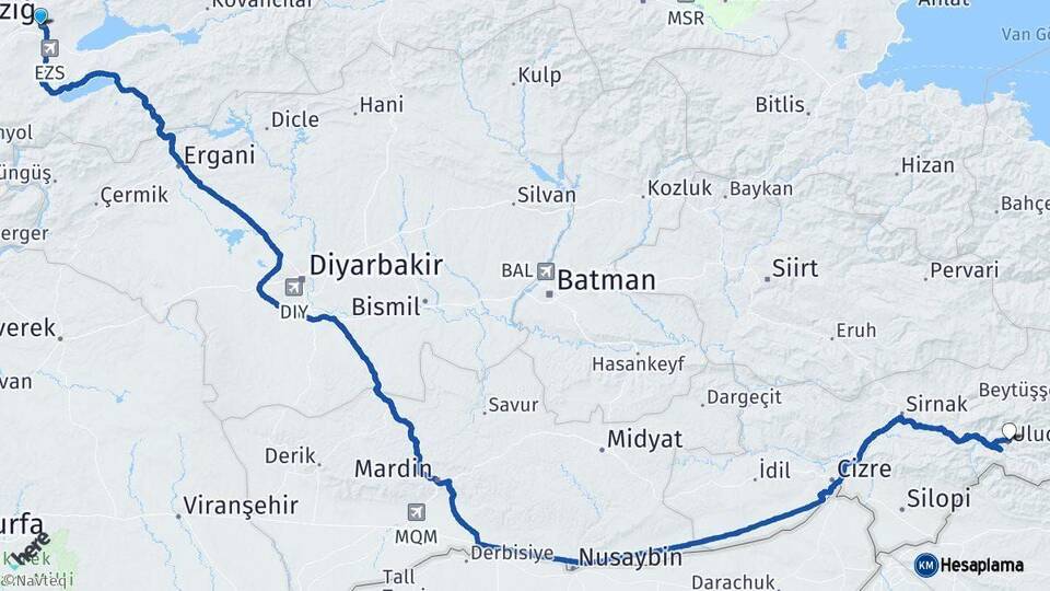 Elazığ Uludere Şırnak Arası Kaç Km - Yol Haritası