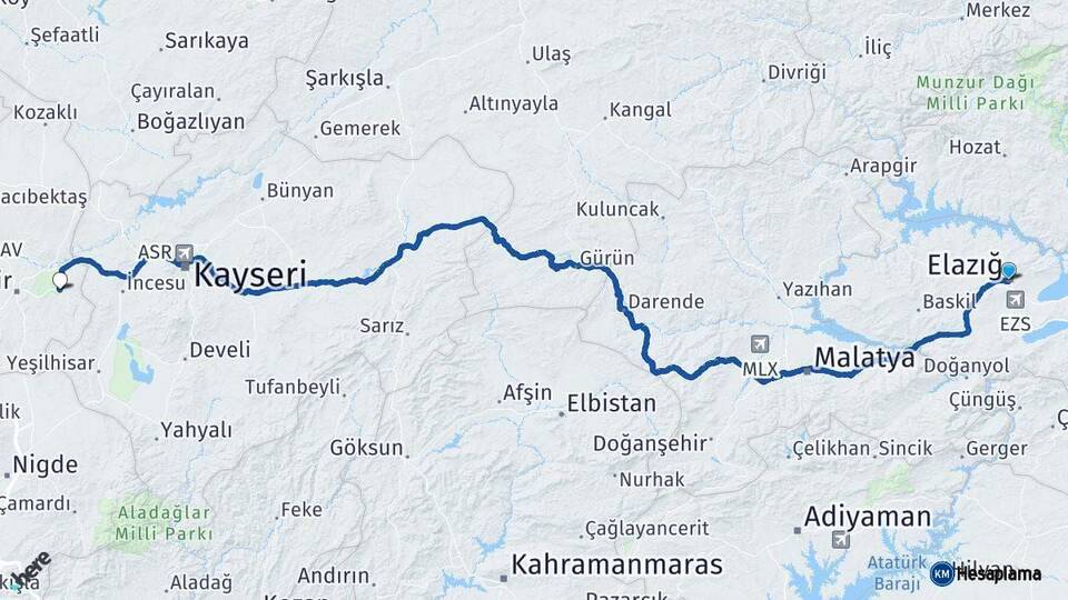 Elazığ Ürgüp Nevşehir Arası Kaç Km - Yol Haritası