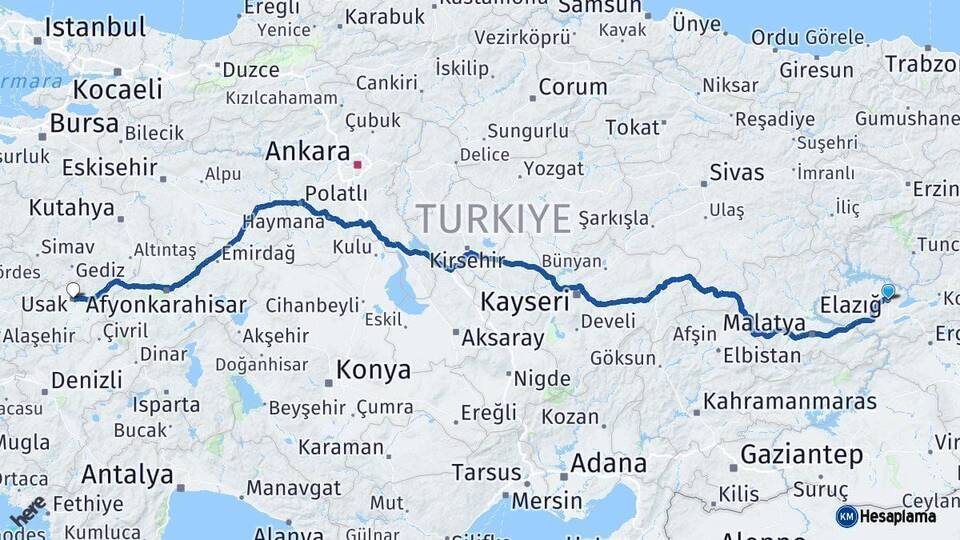Elazığ Uşak Arası Kaç Km - Yol Haritası
