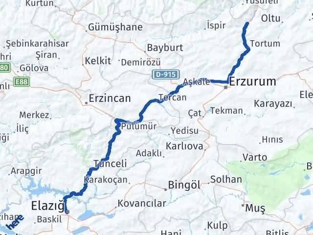 Elazığ Uzundere Erzurum Arası Kaç Km - Yol Haritası