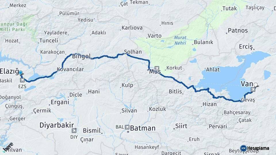 Elazığ Van Arası Kaç Km - Yol Haritası
