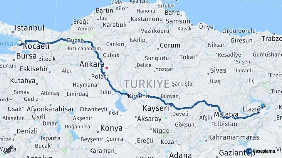 Elazığ Yalova Arası Kaç Km - Yol Haritası
