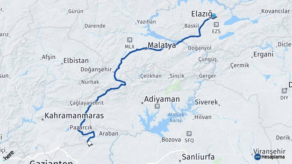 Elazığ Yavuzeli Gaziantep Arası Kaç Km - Yol Haritası