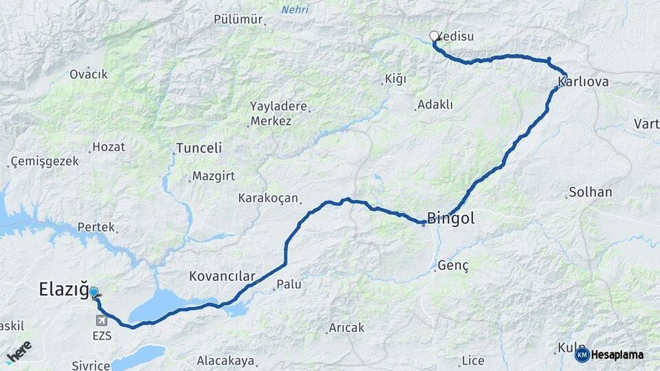 Elazığ Yedisu Bingöl Arası Kaç Km - Yol Haritası