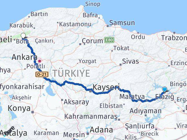 Elazığ Yeniçağa Bolu Arası Kaç Km - Yol Haritası