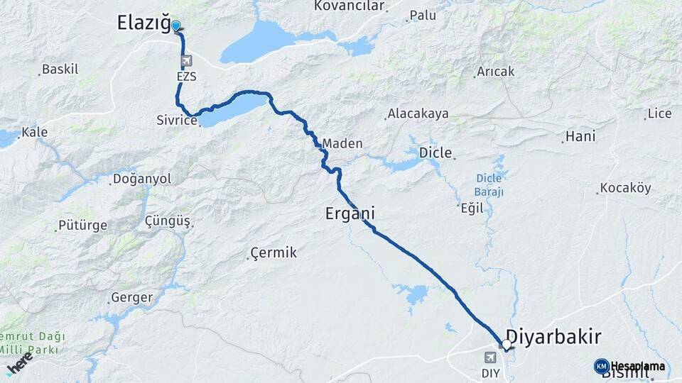 Elazığ Yenişehir Diyarbakır Arası Kaç Km - Yol Haritası