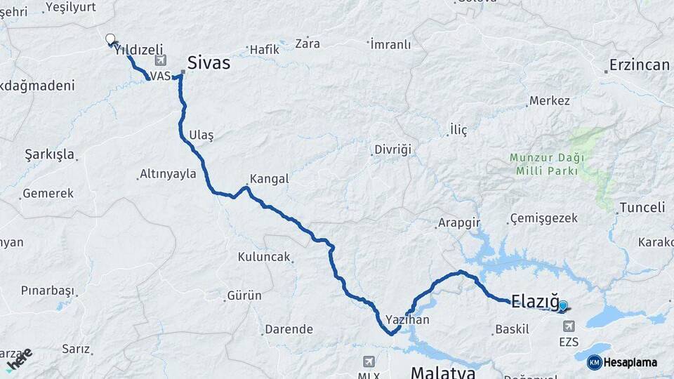 Elazığ Yıldızeli Sivas Arası Kaç Km - Yol Haritası