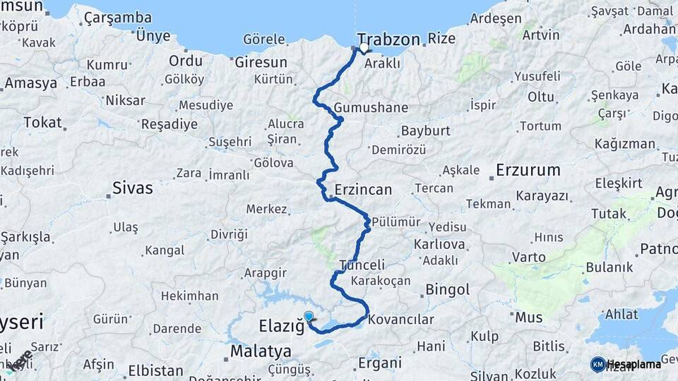 Elazığ Yomra Trabzon Arası Kaç Km - Yol Haritası