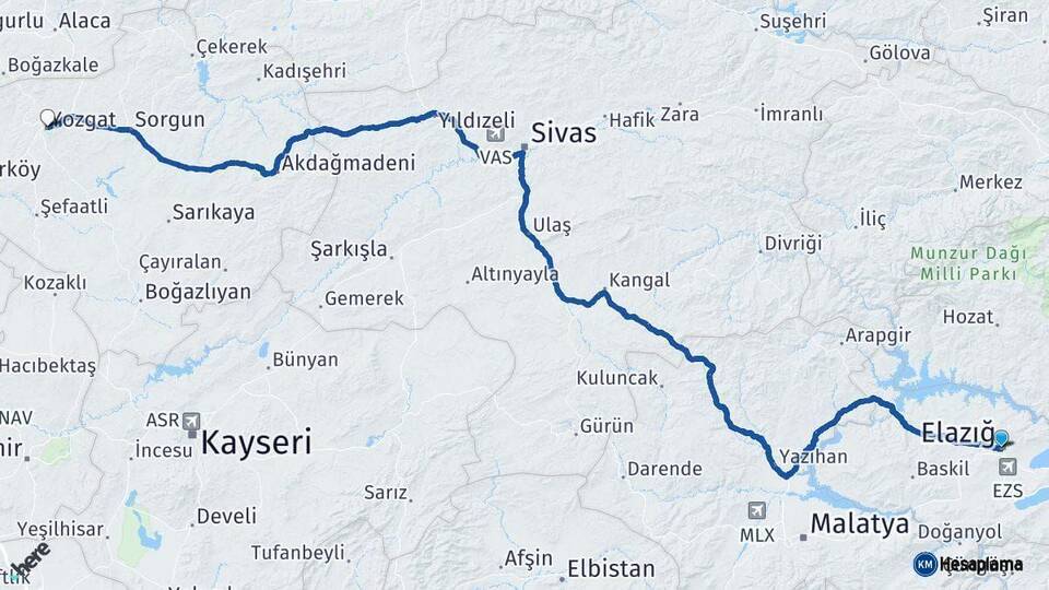 Elazığ Yozgat Arası Kaç Km - Yol Haritası