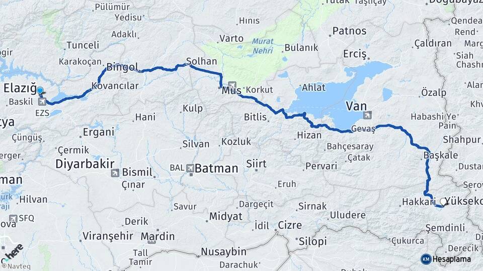 Elazığ Yüksekova Hakkari Arası Kaç Km - Yol Haritası