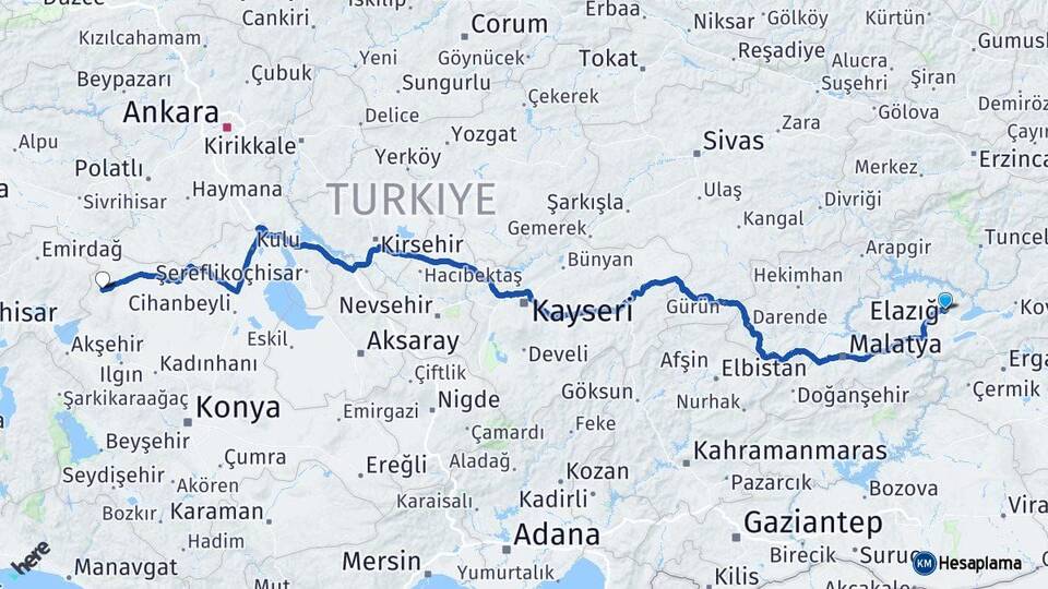 Elazığ Yunak Konya Arası Kaç Km - Yol Haritası