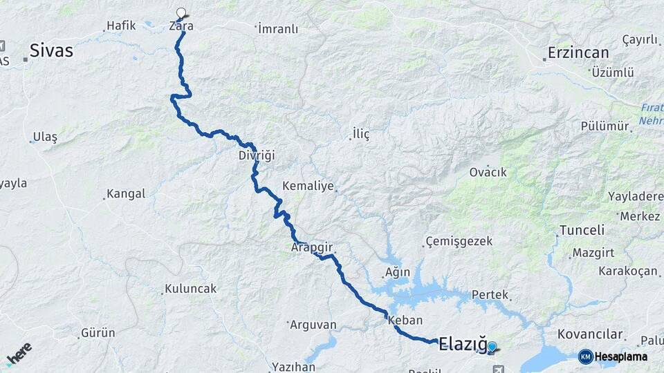 Elazığ Zara Sivas Arası Kaç Km - Yol Haritası