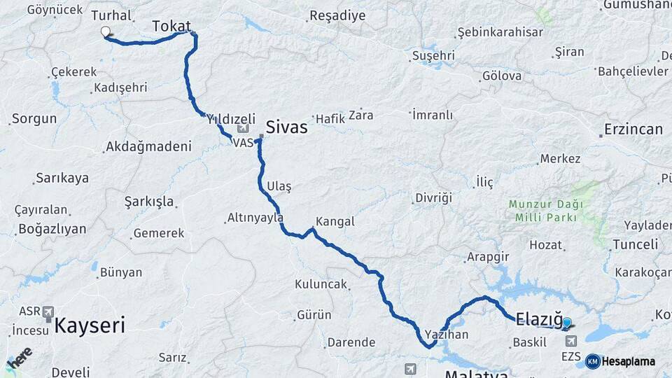 Elazığ Zile Tokat Arası Kaç Km - Yol Haritası