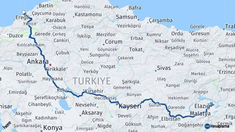 Elazığ Zonguldak Arası Kaç Km - Yol Haritası