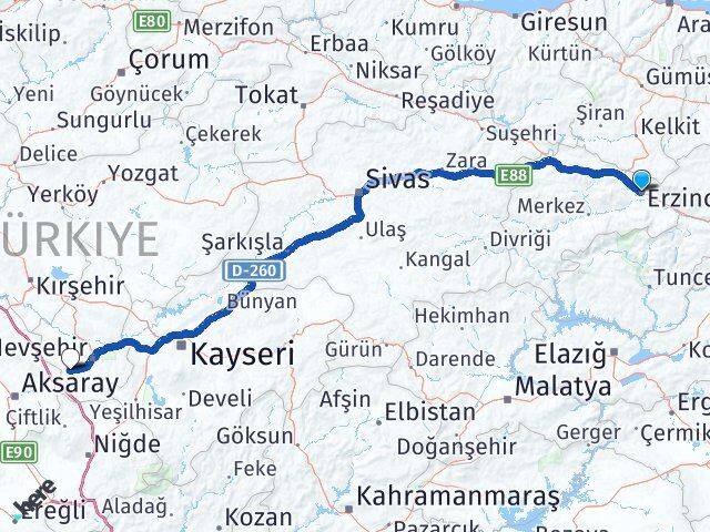 Erzincan Acıgöl Nevşehir Arası Kaç Km - Yol Haritası