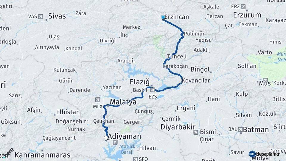 Erzincan Adıyaman Arası Kaç Km - Yol Haritası